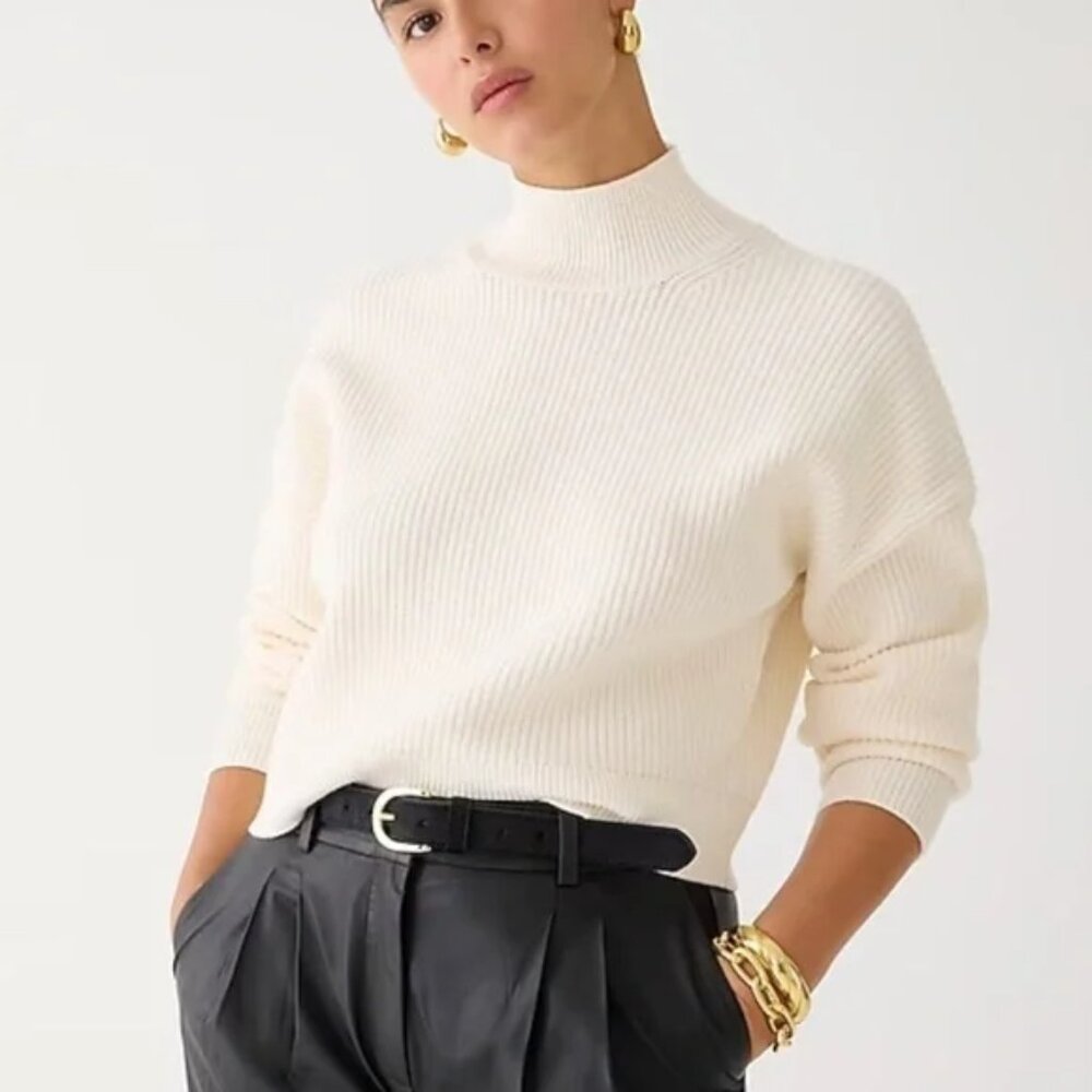 [J. Crew] Ribbed Turtleneck Sweater in Stretch Yarn Cream Large